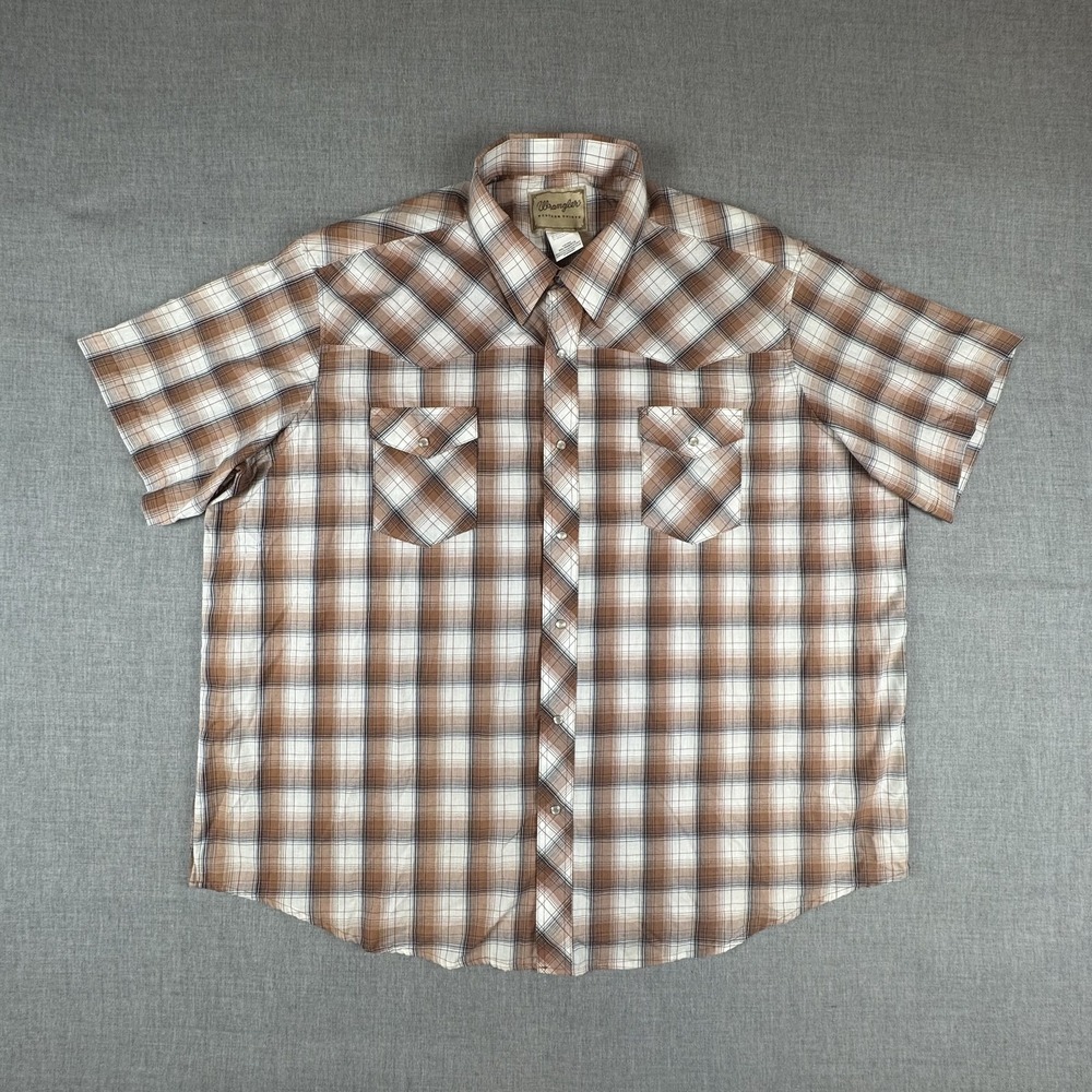Wrangler Shirt Mens 3XL Brown Plaid Short Sleeve Western Cowboy Button Up